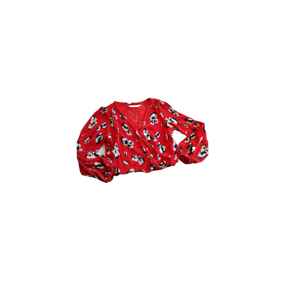 ASTR The Label Pleated Women’s M Long Sleeve Surplice Top Red Floral Office New - Picture 1 of 5